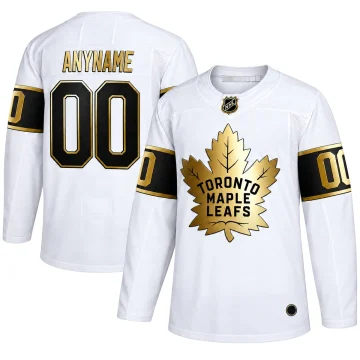Custom Toronto Maple Leafs Golden Edition white hockey jersey with gold and black trim, front and back views