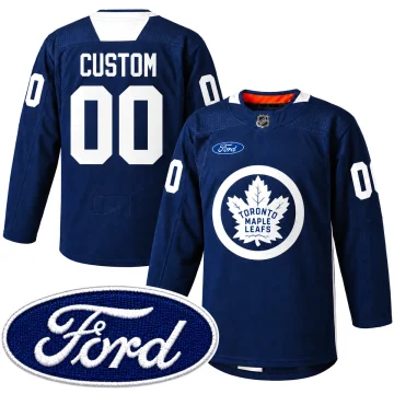 Custom Toronto Maple Leafs navy 2022 warm-up hockey jersey with Ford chest patch, front and back views