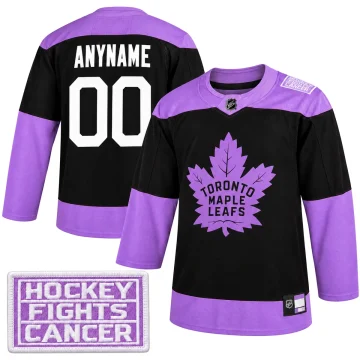 Toronto Maple Leafs Hockey Fights Cancer black and lavender custom hockey jersey, front and back with shoulder patch
