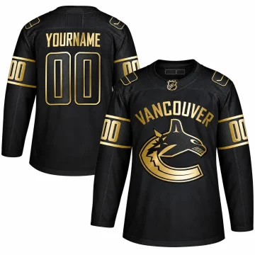 Vancouver Canucks custom Golden Edition black and metallic gold hockey jersey, front and back