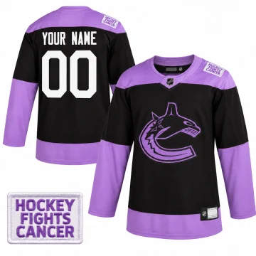 Vancouver Canucks 2020 Hockey Fights Cancer black and lavender custom hockey jersey, front and back with embroidered shoulder patch