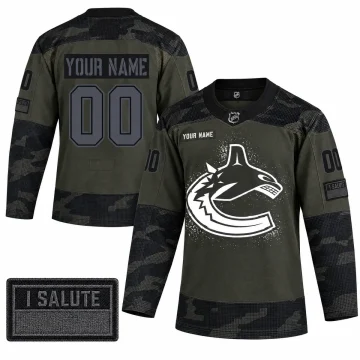 Front and back views of a custom olive and black camouflage Vancouver Canucks Armed Forces Night hockey jersey with YOUR NAME and number 00