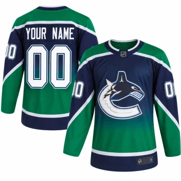 Front and back views of a custom Vancouver Canucks 2020-21 Reverse Retro blue and green hockey jersey with YOUR NAME and number 00