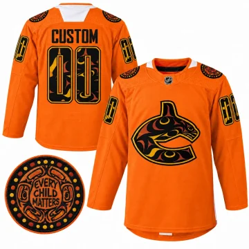 Vancouver Canucks 2022 First Nations Night orange custom hockey jersey, front and back with verified Every Child Matters shoulder patch