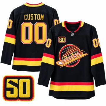 Vancouver Canucks 50th Anniversary black Flying Skate custom hockey jersey, front and back with verified 50th patch
