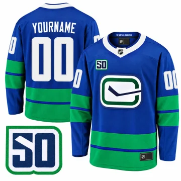 Front and back of a custom Vancouver Canucks 50th Anniversary blue Heritage jersey with number 00 and the verified 50th-season patch on a flat white background