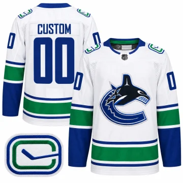 Vancouver Canucks white away Primegreen custom jersey, front and back with stick-in-rink shoulder patch