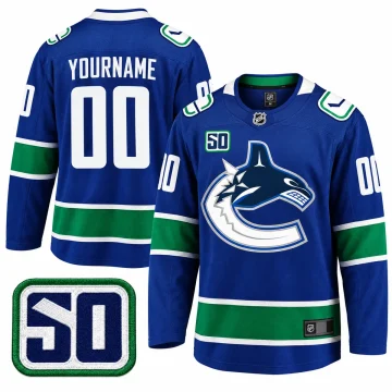 Vancouver Canucks blue 50th anniversary custom jersey, front and back with 50 patch