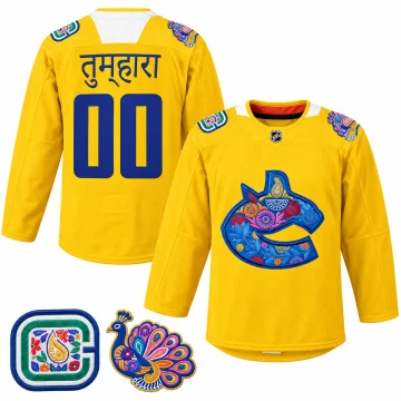 Front and back of yellow Vancouver Canucks 2022 Diwali CUSTOM 00 warm-up jersey with enlarged verified stick-in-rink and peacock patches; Adidas marks removed, NHL shield and physical label structure retained.