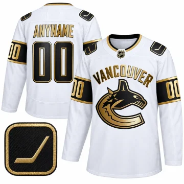 Vancouver Canucks Golden Edition white custom jersey, front and back, black and gold ANYNAME 00 with shoulder patch