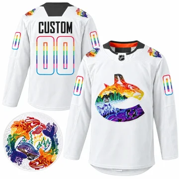Custom Vancouver Canucks 2022 Pride Night white warm-up jersey with Mio rainbow artwork and shoulder patch