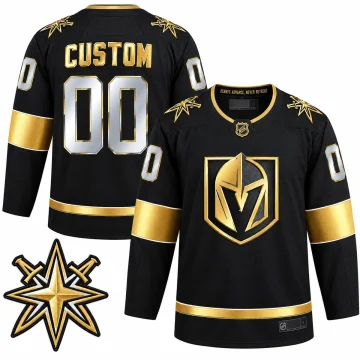 Custom Vegas Golden Knights black and metallic-gold jersey, front and back, with enlarged crossed-swords star shoulder patch