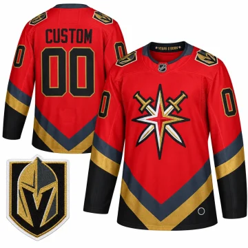 Front and back of the red Vegas Golden Knights 2020-21 Reverse Retro custom 00 hockey jersey with a helmet shield shoulder patch close-up on a white background