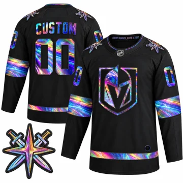 Front and back of the black Vegas Golden Knights iridescent holographic custom 00 hockey jersey with a crossed-swords star shoulder patch close-up on a white background