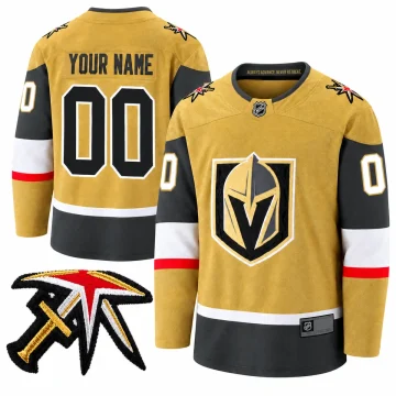 Vegas Golden Knights 2020-21 gold alternate jersey, reconstructed front and back with shoulder patch