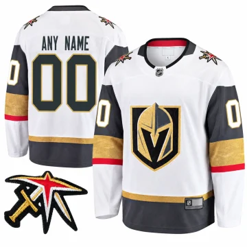 Custom Vegas Golden Knights white away jersey, front and back, ANY NAME 00, with embroidered shoulder patch