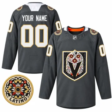 Custom Vegas Golden Knights Latino Heritage Night charcoal jersey, front and back, YOUR NAME 00, with Latino shoulder patch