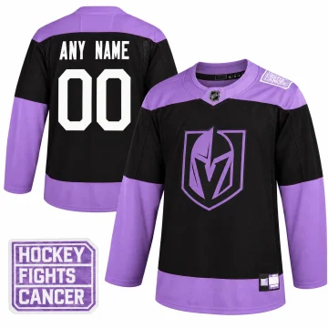 Custom Vegas Golden Knights Hockey Fights Cancer black practice jersey, front and back, with verified shoulder patch