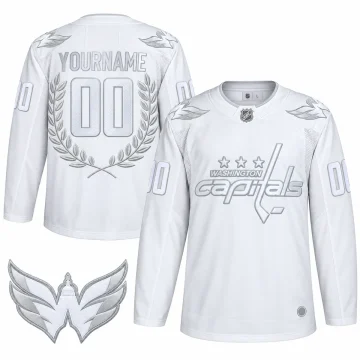 Custom Washington Capitals Glory white jersey front and back with verified Weagle shoulder patch