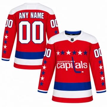 Custom Washington Capitals 2018-19 red third jersey front and back with white yoke, six chest stars, five sleeve stars and ANY NAME 00 on white background