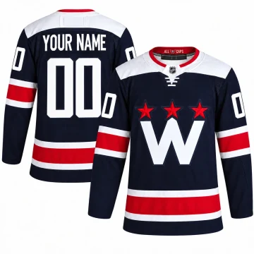 Washington Capitals custom navy alternate jersey front and back, white yoke, red stripes, YOUR NAME and number 00 on white background