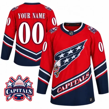 Front and back of red Washington Capitals 2021 Reverse Retro custom YOUR NAME 00 jersey with enlarged Capitol shoulder patch on white.