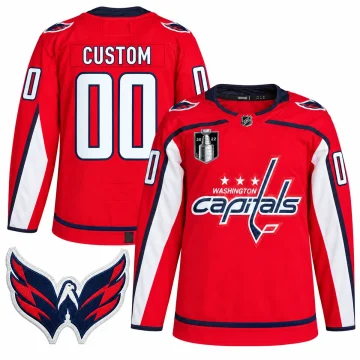 Front and back of custom red Washington Capitals CUSTOM 00 jersey, 2022 Cup chest patch and enlarged Weagle shoulder patch on white.
