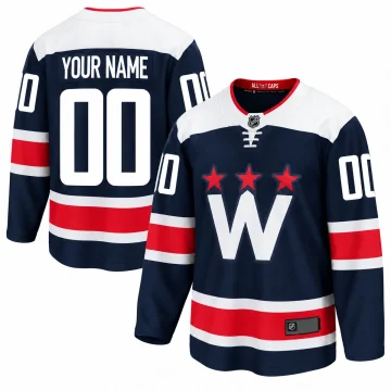 Front and back of custom Washington Capitals navy Blue W jersey with YOUR NAME and number 00 on a white background.