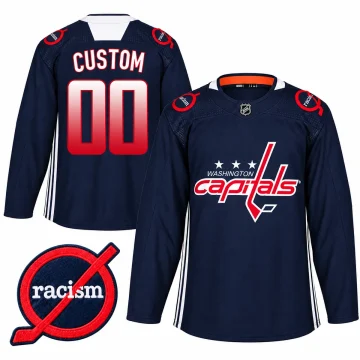 Front and back of navy Washington Capitals custom 00 Black History jersey with verified end racism shoulder patch insert on white background.