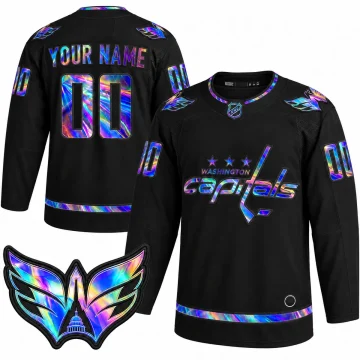 Washington Capitals iridescent holographic black custom jersey front and back with Weagle patch