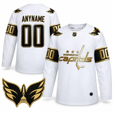 Washington Capitals Golden Edition white custom jersey front and back with black-gold Weagle patch