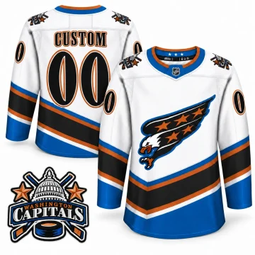 Front and back of custom white Washington Capitals Screaming Eagle CUSTOM 00 jersey with one enlarged verified Capitol Dome shoulder badge; physical compartmented neck label retained with sportswear manufacturer marks removed.