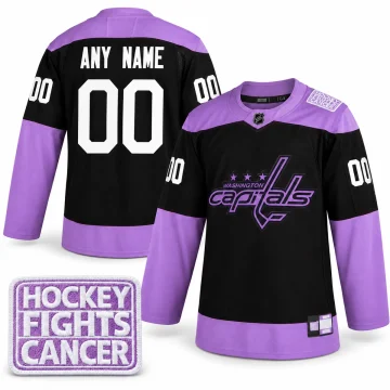 Front and back of black and lavender Washington Capitals ANY NAME 00 Hockey Fights Cancer practice jersey with one enlarged verified shoulder badge; physical neck and campaign hem labels retained with sportswear manufacturer marks removed.