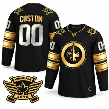 Front and back of black and gold Winnipeg Jets CUSTOM 00 jersey with silver-gold numbers and one enlarged verified winged shoulder badge; physical neck and round hem labels retained with sportswear manufacturer marks removed.