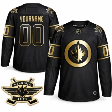Front and back of the custom black and gold Winnipeg Jets YOURNAME 00 hockey jersey on white, with one enlarged matching shoulder patch at lower left and the physical neck and round hem labels retained.