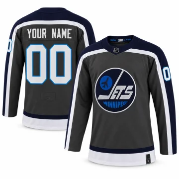 Front and back of the gray Winnipeg Jets Reverse Retro custom YOUR NAME 00 hockey jersey on white, with the original neck and hem labels retained and manufacturer branding removed.