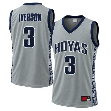 Gray Allen Iverson Georgetown Hoyas number 3 basketball jersey, front and back with navy-and-white patterned side panels