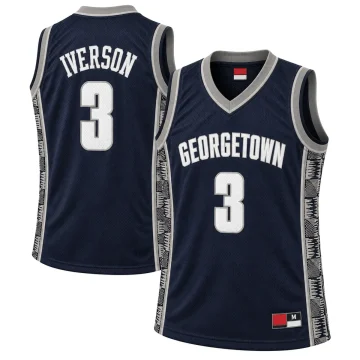 Navy Allen Iverson Georgetown Hoyas number 3 basketball jersey, front and back with gray trim and monochrome patterned side panels