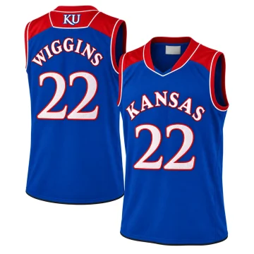Blue Andrew Wiggins Kansas Jayhawks number 22 basketball jersey front and back, red shoulder panels and white lettering edged in red