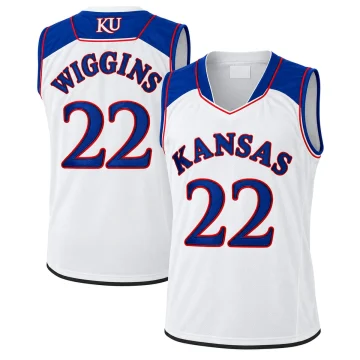 White Andrew Wiggins Kansas Jayhawks number 22 basketball jersey front and back, blue shoulder panels and blue lettering edged in red