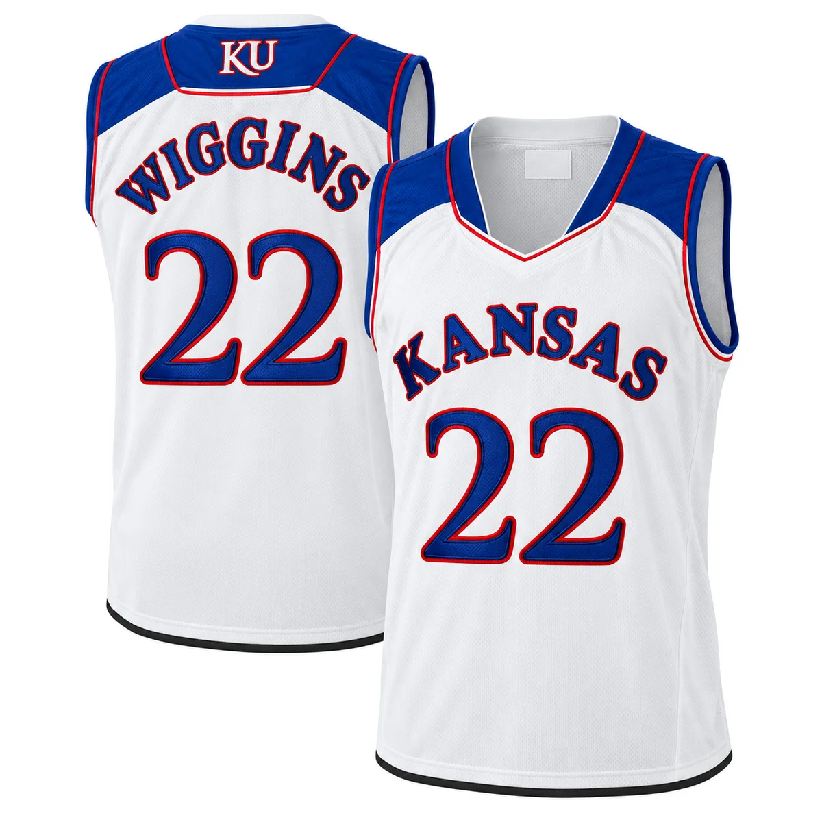 Heretro Dropbox Andrew Wiggins Kansas Jayhawks #22 White Basketball Jersey Main DBX-001-98694 White Andrew Wiggins Kansas Jayhawks number 22 basketball jersey front and back, blue shoulder panels and blue lettering edged in red