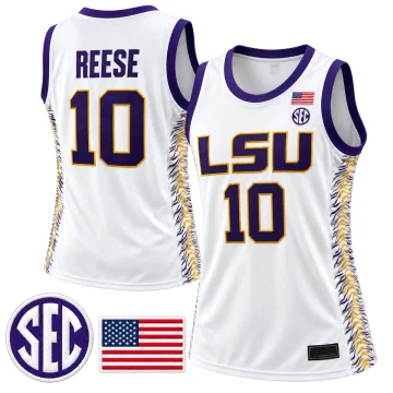 White LSU Tigers basketball jersey showing REESE and number 10, purple and gold trim, and tiger-stripe side panels in front and back views.