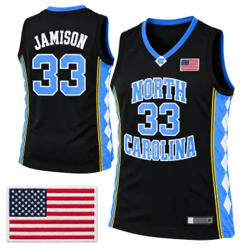 Antawn Jamison number 33 North Carolina black basketball jersey front and back with blue argyle side panels