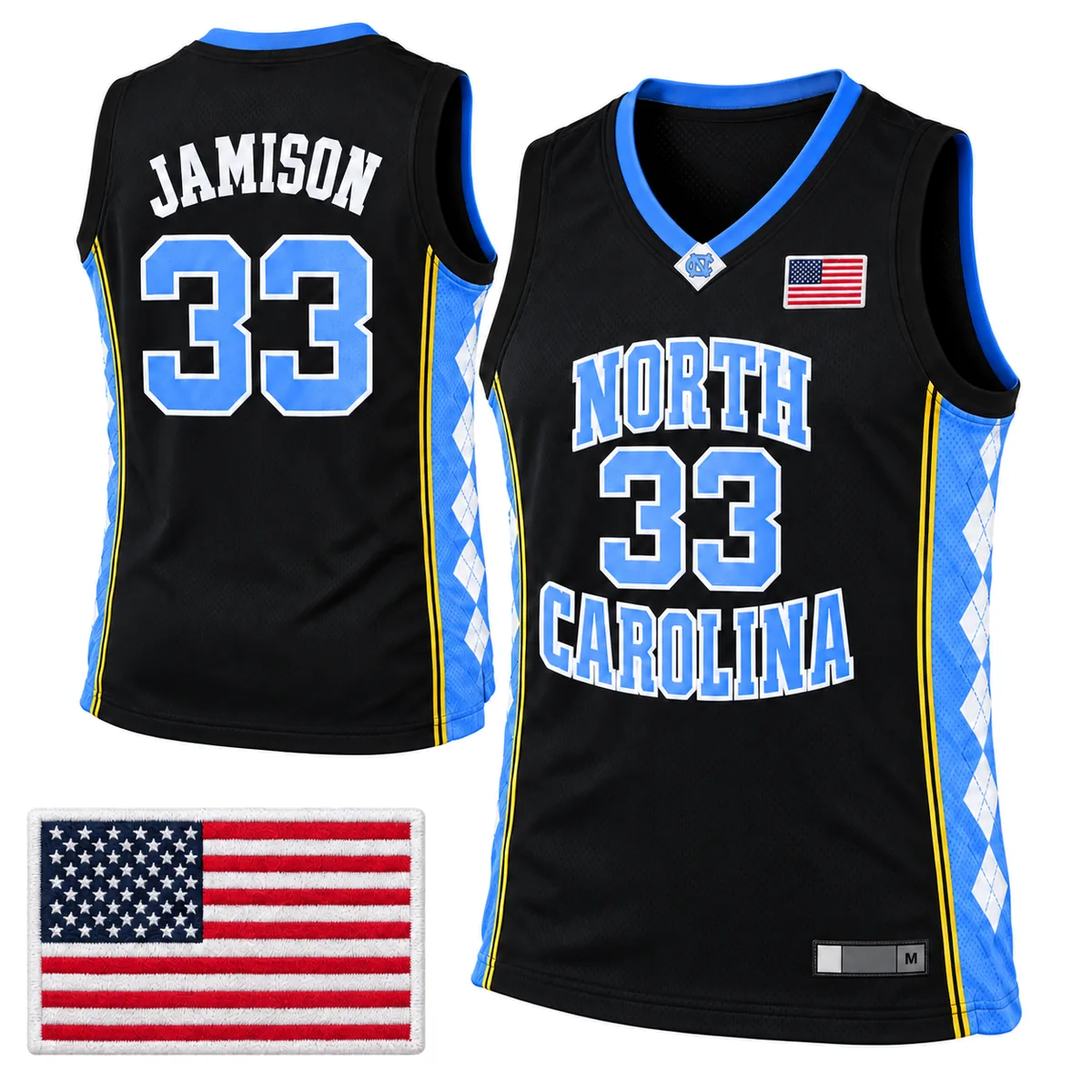 Heretro-Dropbox-DBX-001-125401-Main-20261020T040535-c91e7b Antawn Jamison number 33 North Carolina black basketball jersey front and back with blue argyle side panels