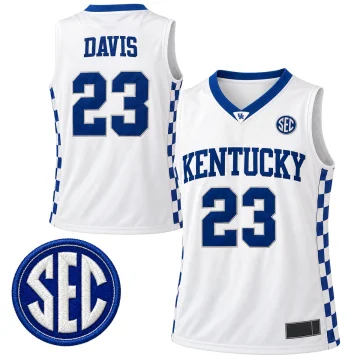 Anthony Davis Kentucky number 23 white basketball jersey front and back with blue checkerboard side panels and SEC detail