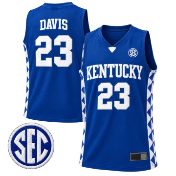Anthony Davis Kentucky number 23 royal blue basketball jersey front and back with checkerboard side panels and SEC detail