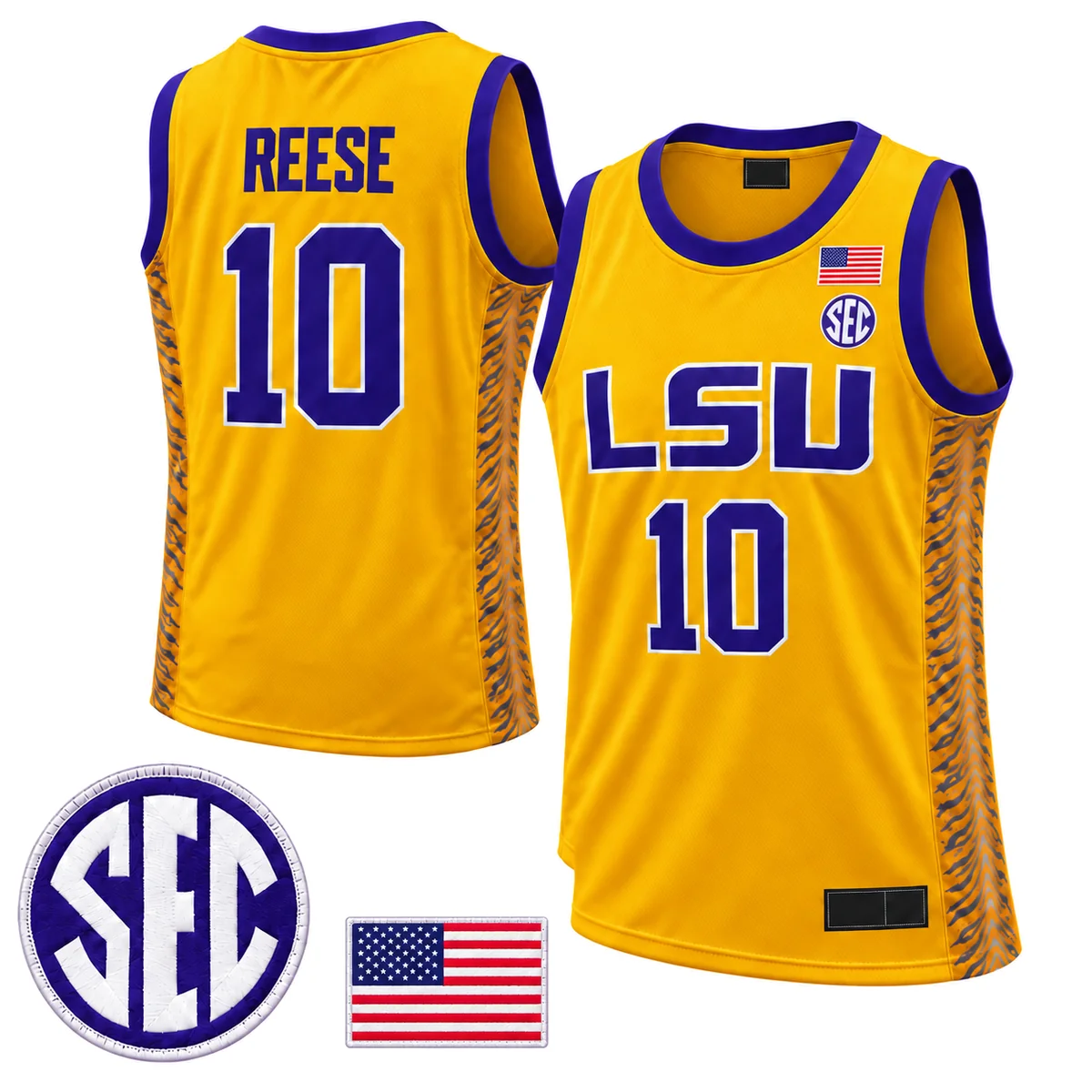 Heretro-Dropbox-DBX-001-245793-Main-20261020T040535-c91e7b Gold LSU Tigers REESE number10 basketball jersey, front and back, purple trim and tiger-stripe side panels