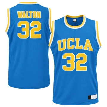 Bill Walton UCLA Bruins number 32 light blue basketball jersey front and back with yellow lettering