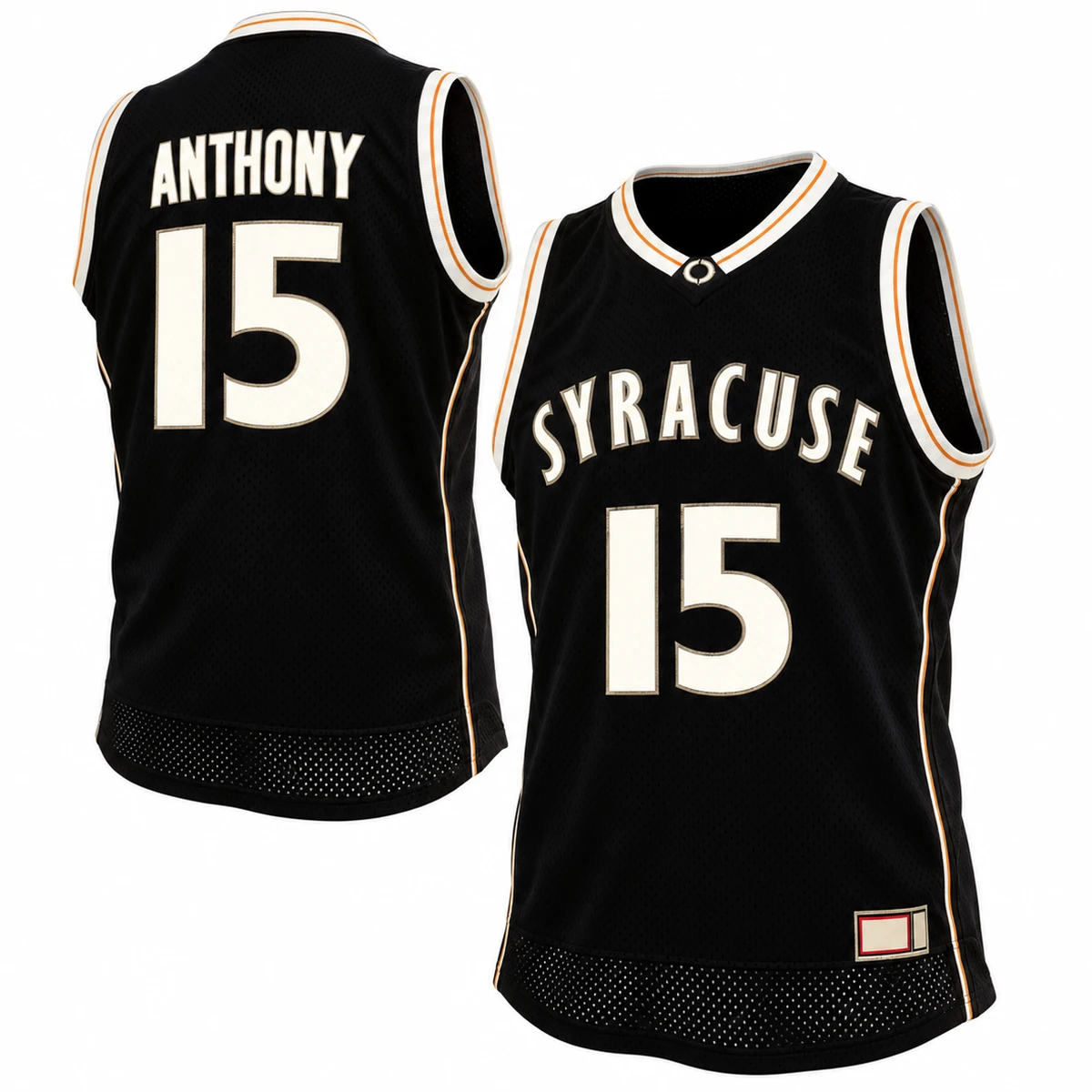 Heretro-Dropbox-DBX-001-95851-Main-20261020T140947-2104 Carmelo Anthony Syracuse number 15 black basketball jersey front and back with white lettering and white orange trim