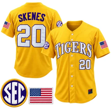 Gold LSU Tigers Paul Skenes number 20 baseball jersey, front and back with SEC and American flag patch details